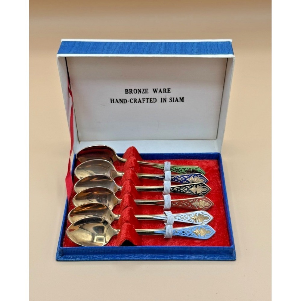 Vintage Siam Bronze Enamel Demitasse Spoons Set of 6 Box BAC